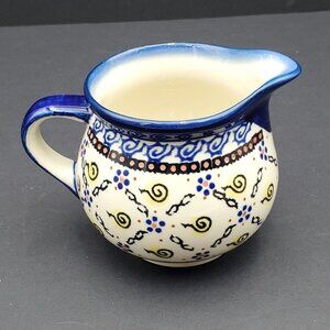 Polish Pottery Bubble Creamer Boleslawiec Blue Yellow Swirl Small Pitcher